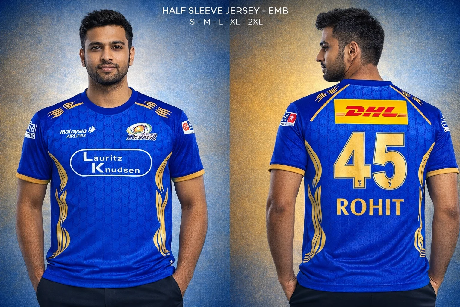 Mumbai Indians ROHIT 45 HALF SLEEVE JERSEY EMBROIDERY ( cricket Jersey)- MENS