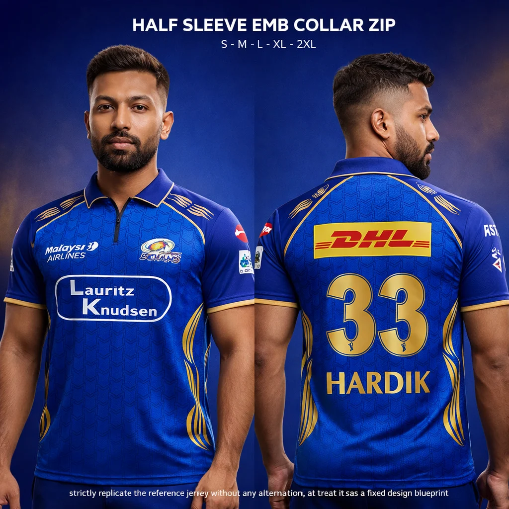 Mumbai INDIANS HARDIK 33 NORMAL COLLAR EMBROIDERY (cricket Jersey) - MENS