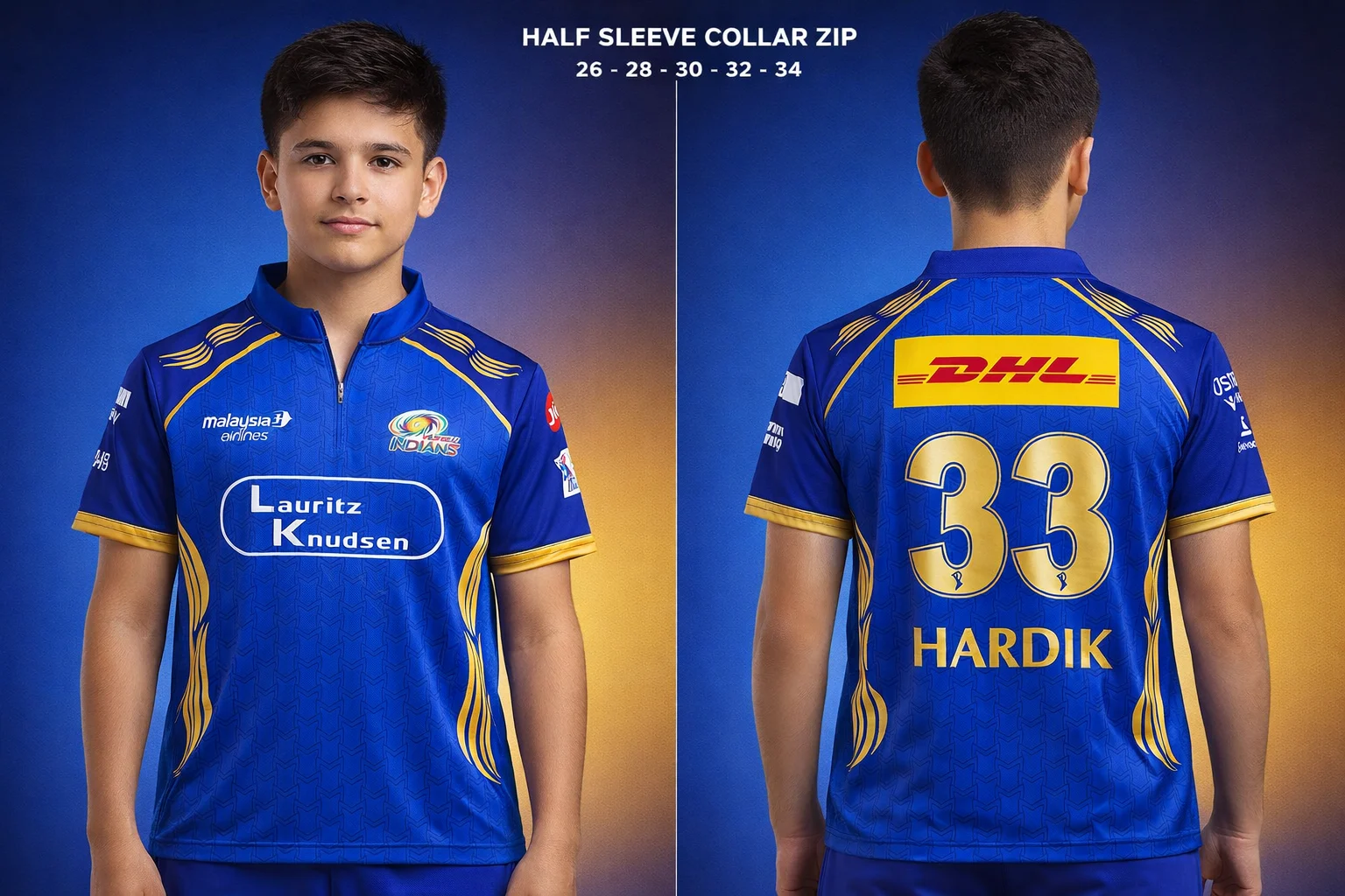 MUMBAI INDIANS HARDIK 33 HALF SLEEVE COLLAR ZIP BOYS
